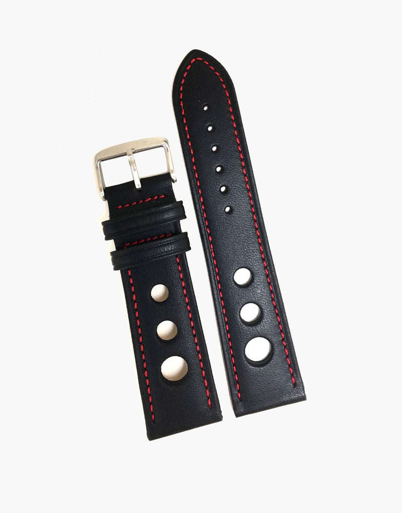 Calf Leather Watchbands Black with Red Stitching-LUX Grand Prix Rally LUX