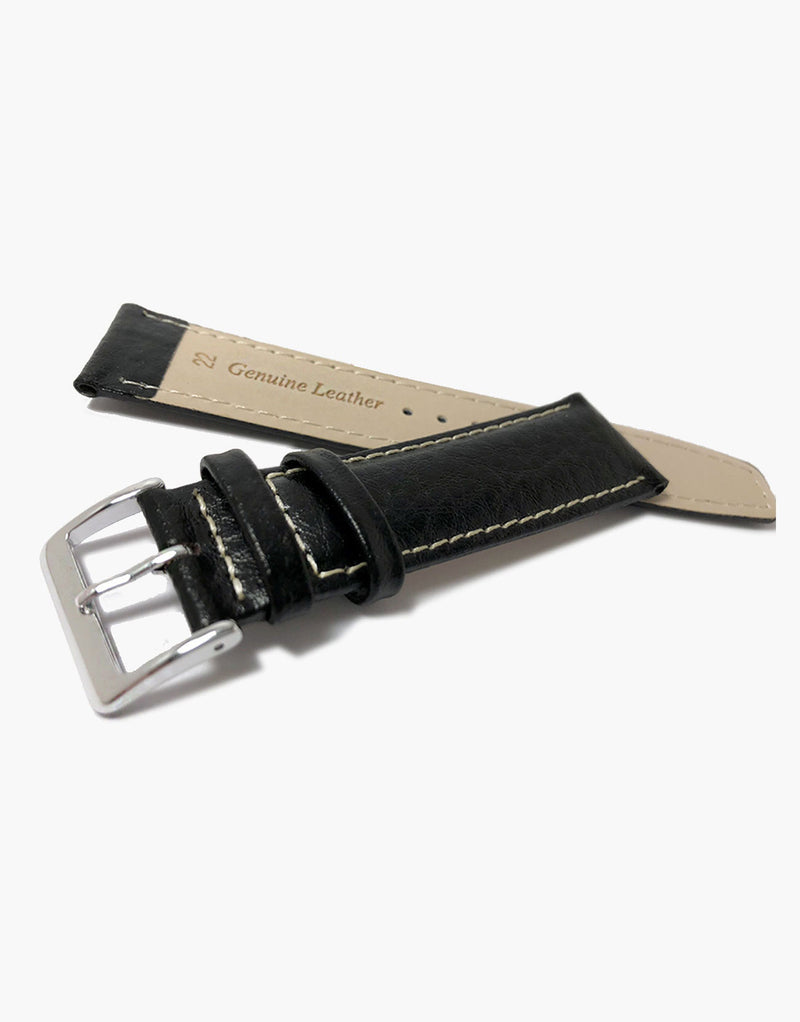 LUX Black Leather Buffalo Grain Padded Shiny Watch Band w/ White Stitching LUX