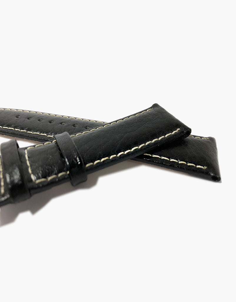 LUX Black Leather Buffalo Grain Padded Shiny Watch Band w/ White Stitching LUX