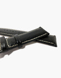 LUX Black Leather Buffalo Grain Padded Shiny Watch Band w/ White Stitching LUX