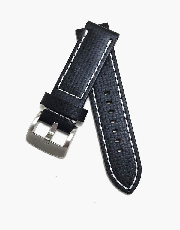 Black Leather Carbon Fiber Embossed Watch Bands White stitching by LUX LUX