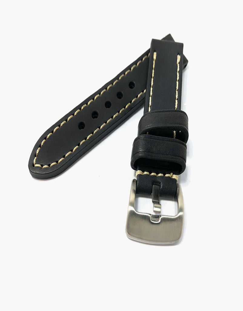 LUX Black Oil Tanned Leather Watch Band Flat Thick Vintage White Stitching LUX