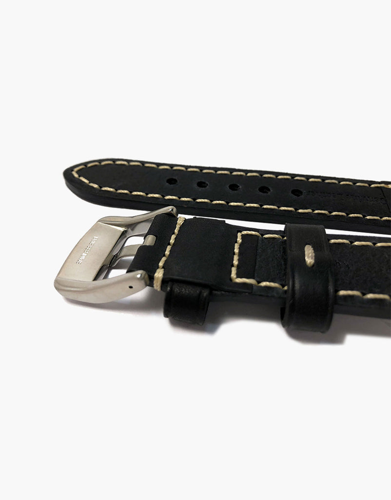 LUX Black Oil Tanned Leather Watch Band Flat Thick Vintage White Stitching LUX
