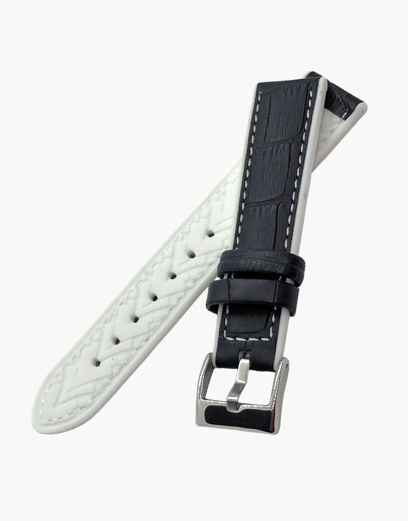 Black-Alligator-Calf-Leather-and-white-High-Silicone-watch-bands-straps-side-top-bottom