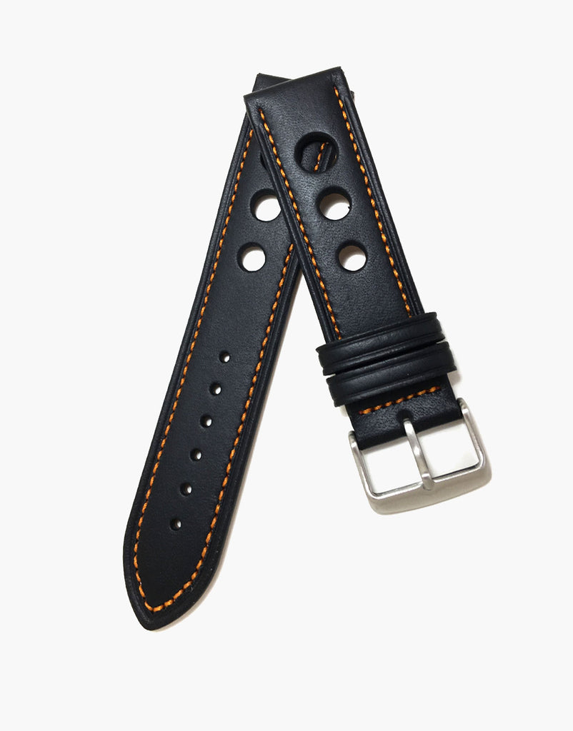 Calf Leather Black Watch Strap with Orange Stitching - LUX Grand Prix Rally LUX