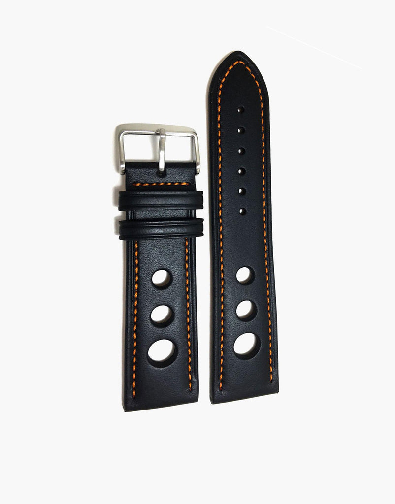 Calf Leather Black Watch Strap with Orange Stitching - LUX Grand Prix Rally LUX