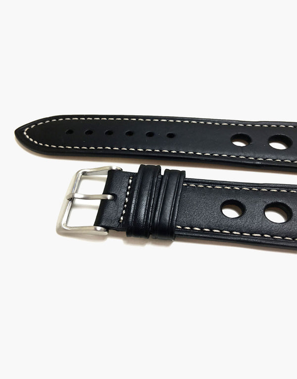 LUX Grand Prix Rally Calf Leather Strap Black with White Stitching LUX