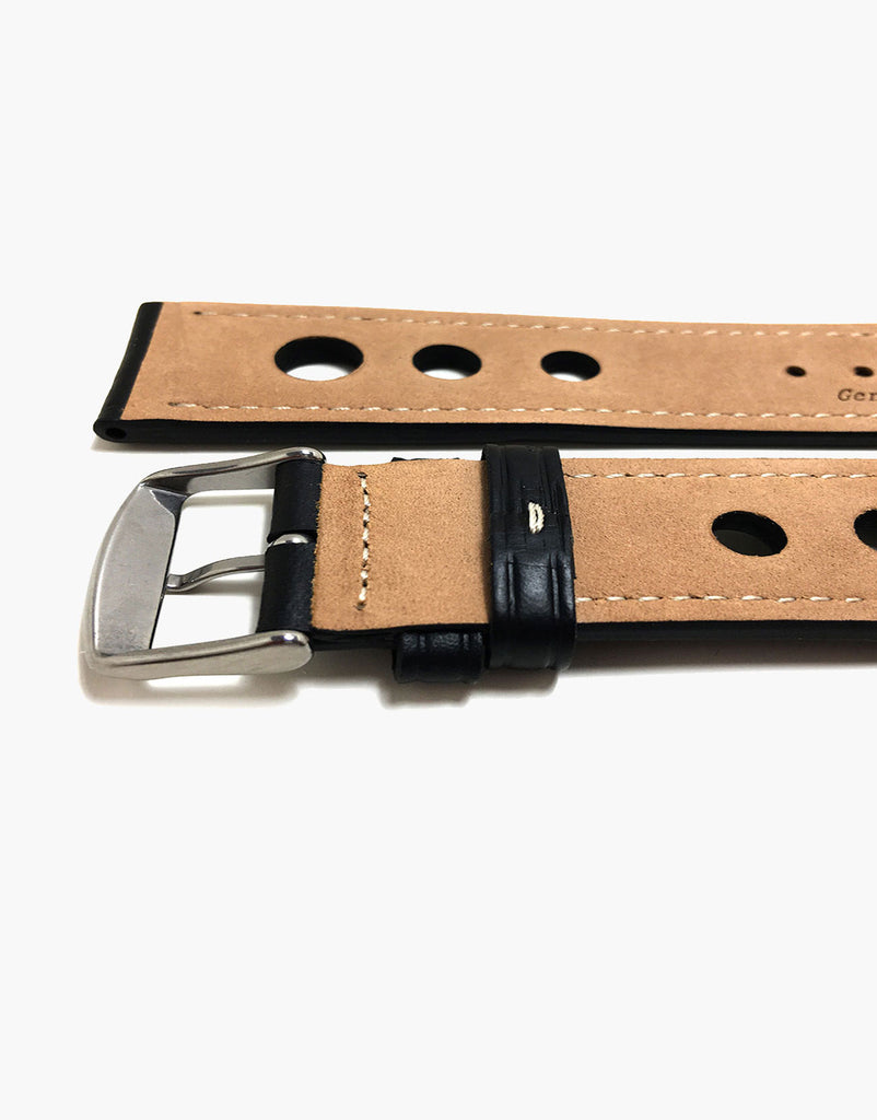 LUX Grand Prix Rally Calf Leather Strap Black with White Stitching LUX