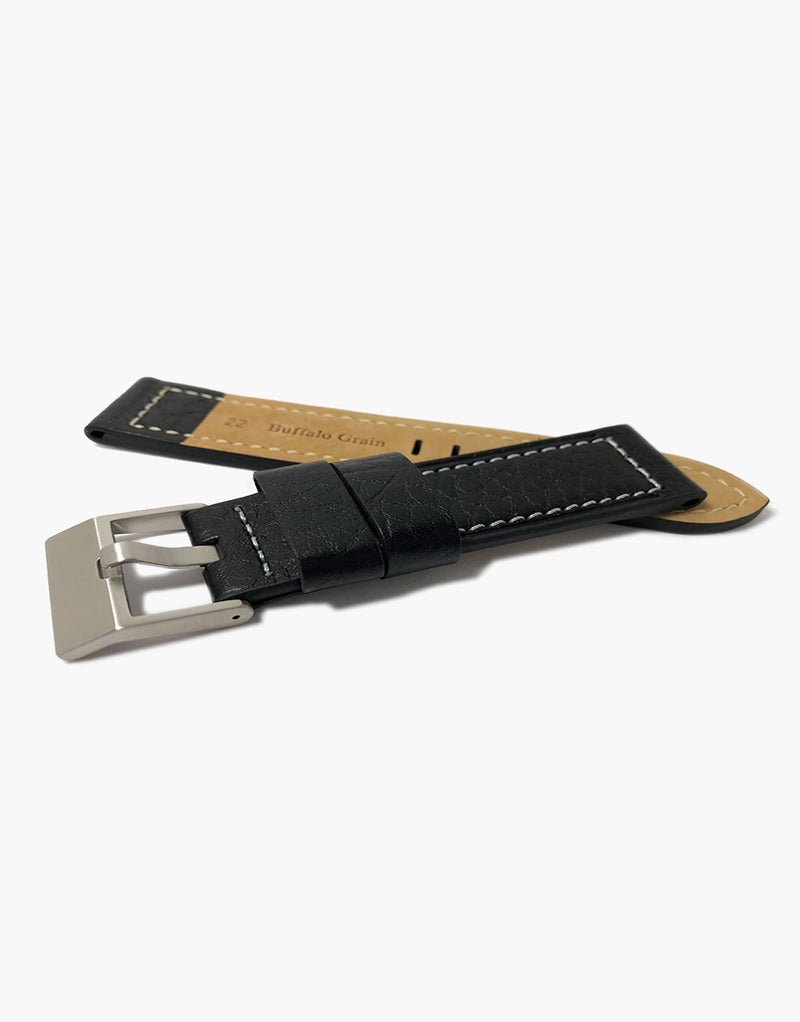 LUX Heavy Flat Buffalo Leather Black with White Stitching Strap LUX