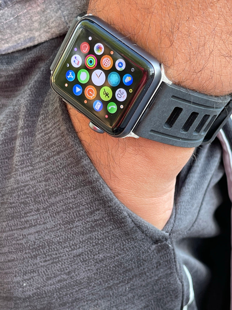 black-Silicon-Rubber- for- Apple®- Watch-with-Stainless- Steel-adapter-isofrene-style  -watch-strap-sport-time