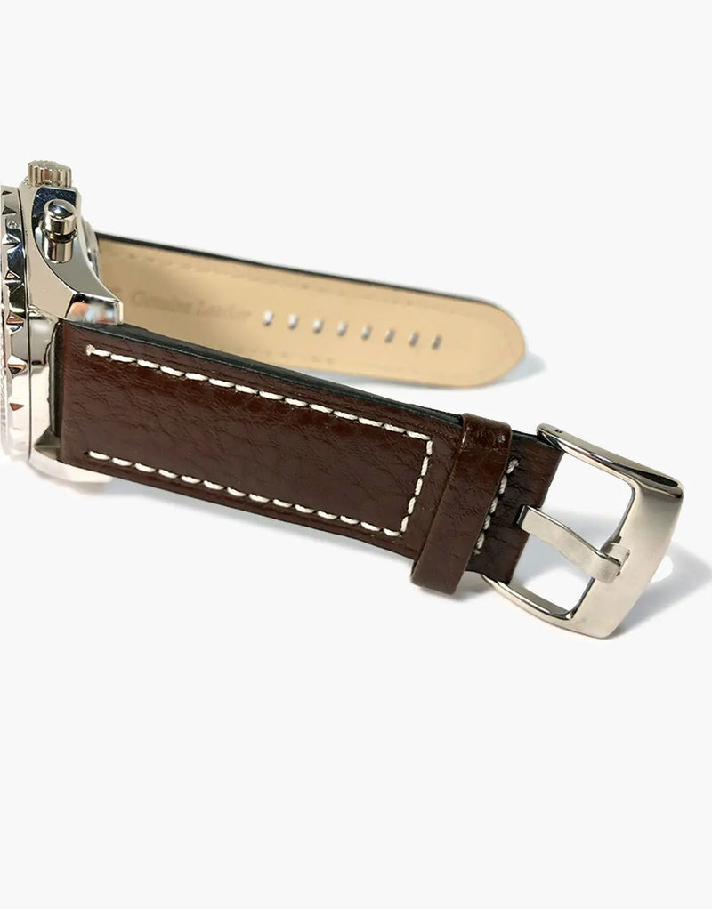 LUX Panerai Style Flat Buffalo Leather Brown Watch Straps White Stitching LUX