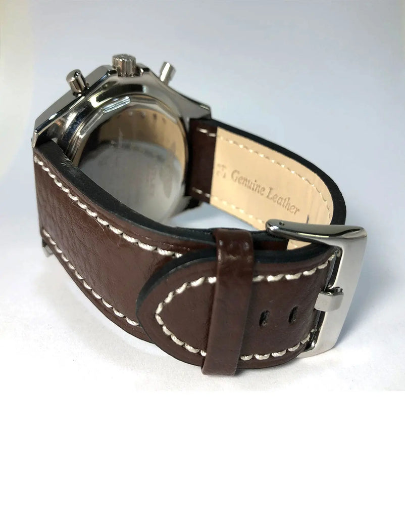 LUX Panerai Style Flat Buffalo Leather Brown Watch Straps White Stitching LUX
