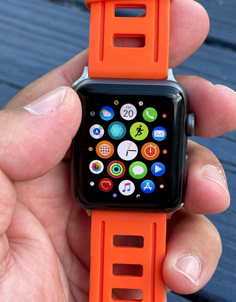 Silicon-Rubber -isofrene-orange-apple-watch-strap-in -your-hand