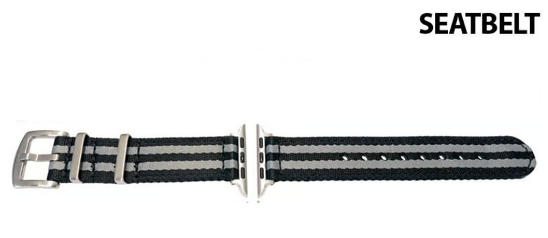 Black and gray striped watch strap with silver buckle on a white background, James Bonds Stye Nylon for your Apple iWatch 