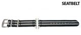 Black and gray striped watch strap with silver buckle on a white background, James Bonds Stye Nylon for your Apple iWatch 