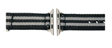 Black and gray striped watch strap Nylon  with metal clasp on a white background and  James Bonds Stye Nylon 