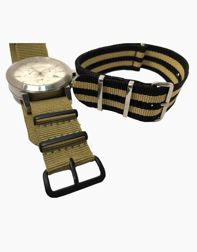 BOND NYLON N.A.T.O Gold-Beige and Black Watch Straps by LUX