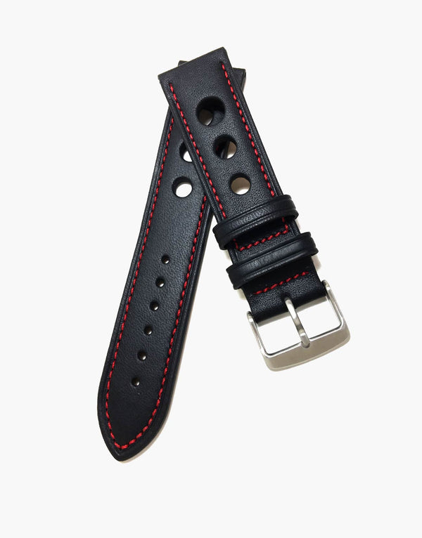 Calf Leather Watchbands Black with Red Stitching-LUX Grand Prix Rally LUX