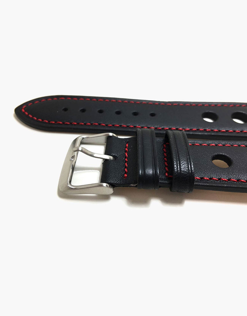 Calf Leather Watchbands Black with Red Stitching-LUX Grand Prix Rally LUX