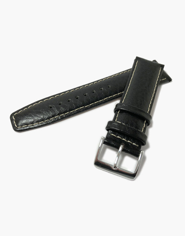 LUX Black Leather Buffalo Grain Padded Shiny Watch Band w/ White Stitching LUX