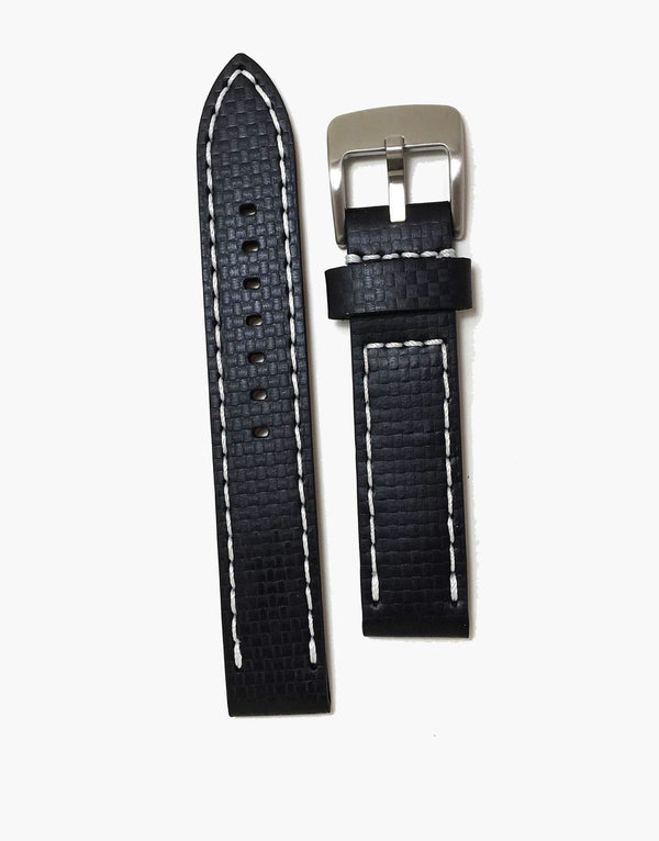 Black Leather Carbon Fiber Embossed Watch Bands White stitching by LUX LUX