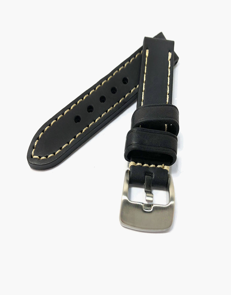 LUX Black Oil Tanned Leather Watch Band Flat Thick Vintage White Stitching LUX