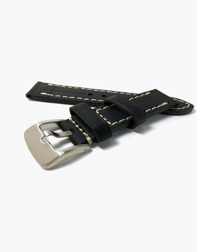 LUX Black Oil Tanned Leather Watch Band Flat Thick Vintage White Stitching LUX