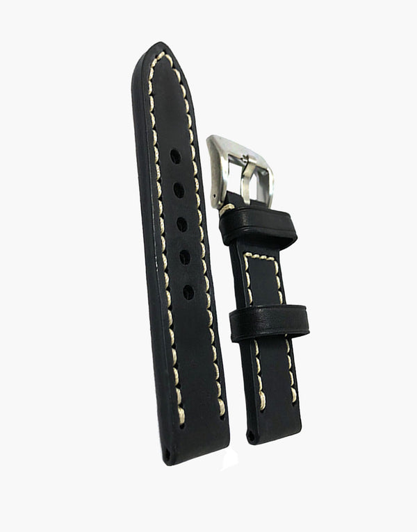 LUX Black Oil Tanned Leather Watch Band Flat Thick Vintage White Stitching LUX