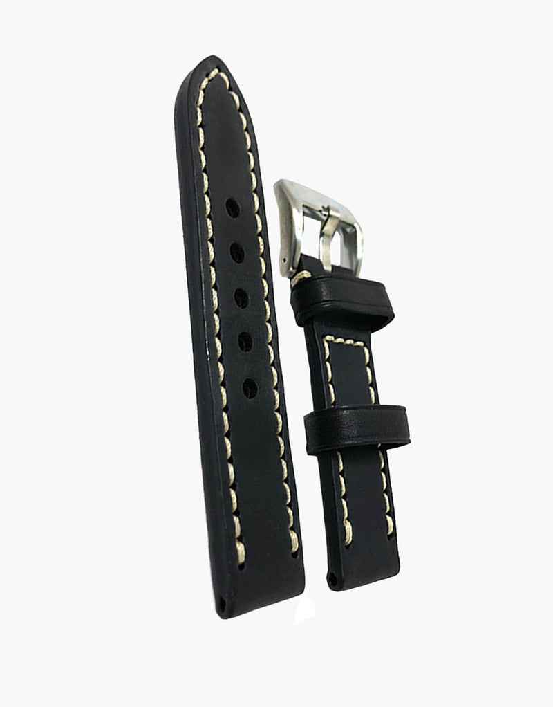 LUX Black Oil Tanned Leather Watch Band Flat Thick Vintage White Stitching LUX
