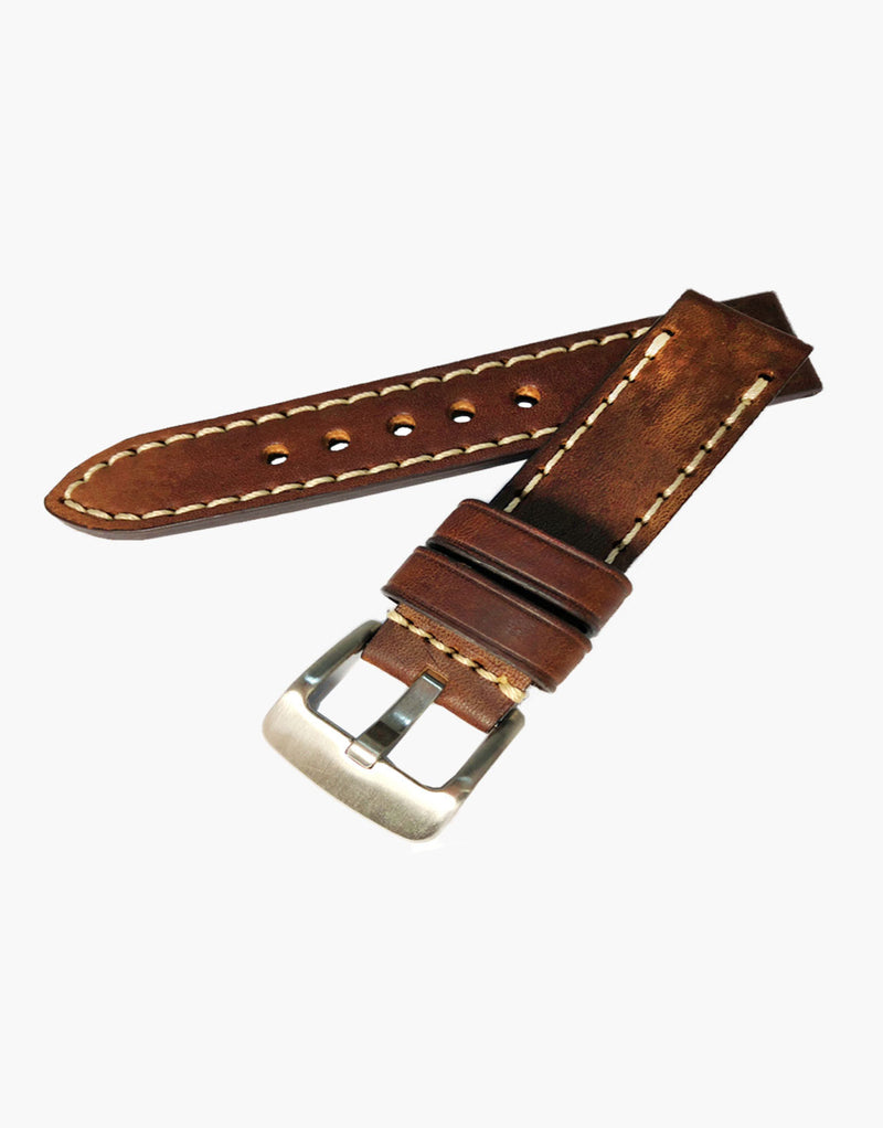LUX Brown Oil Tanned Leather Watch Band Flat Thick Vintage White Stitching LUX