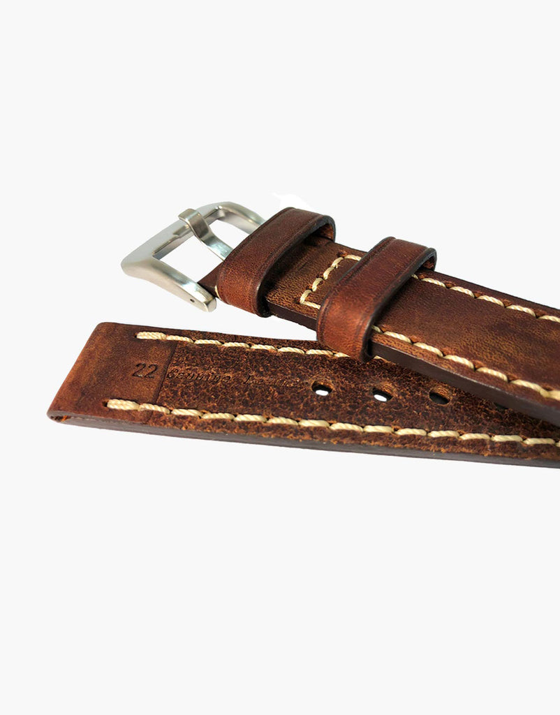 LUX Brown Oil Tanned Leather Watch Band Flat Thick Vintage White Stitching LUX
