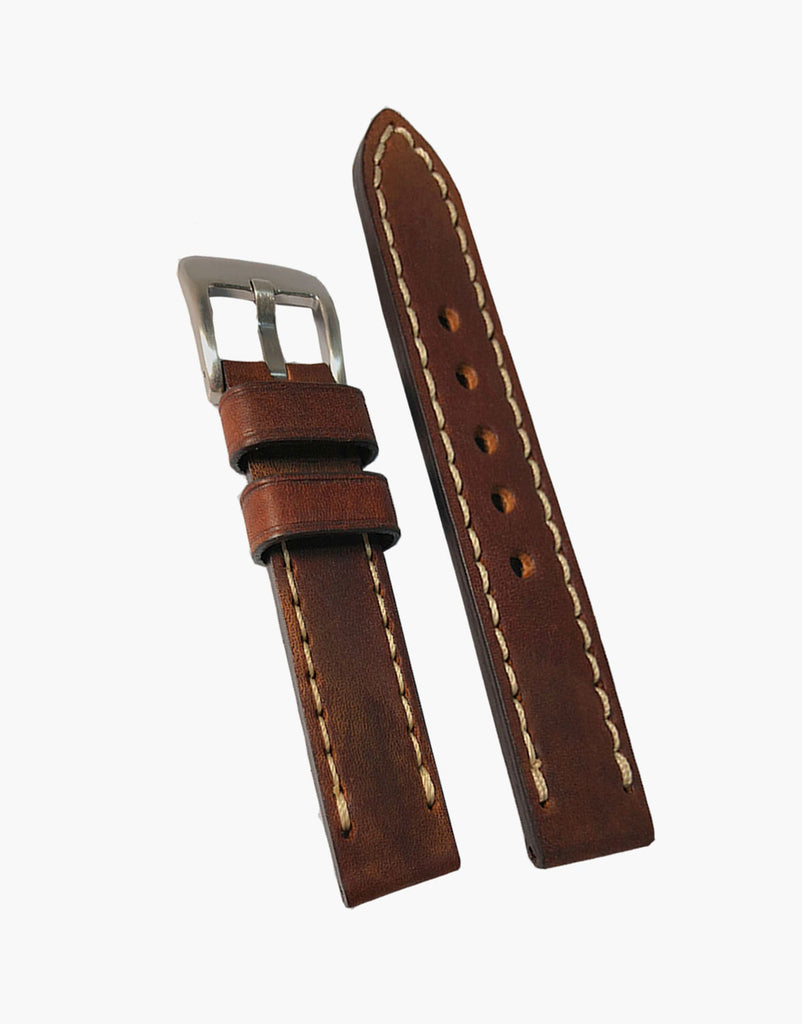 LUX Brown Oil Tanned Leather Watch Band Flat Thick Vintage White Stitching LUX