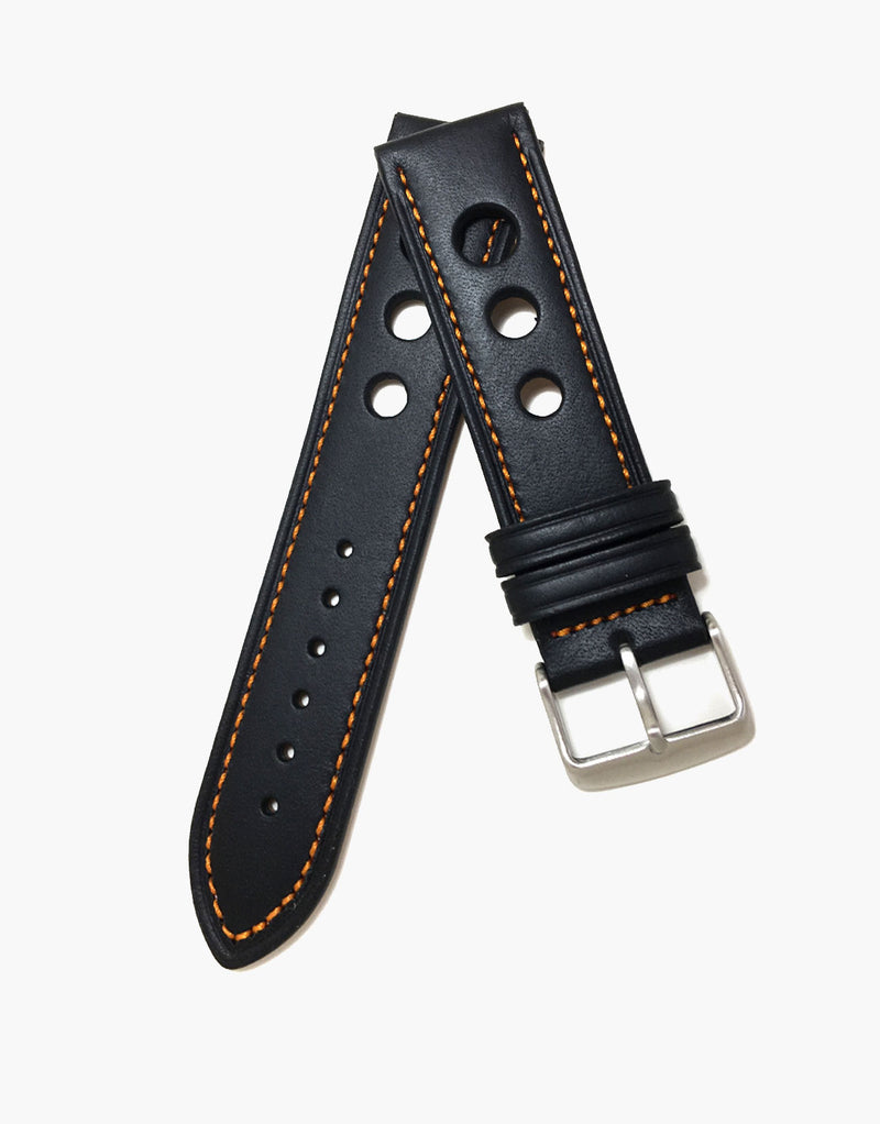 Calf Leather Black Watch Strap with Orange Stitching - LUX Grand Prix Rally LUX