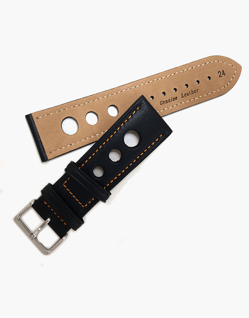 Calf Leather Black Watch Strap with Orange Stitching - LUX Grand Prix Rally LUX