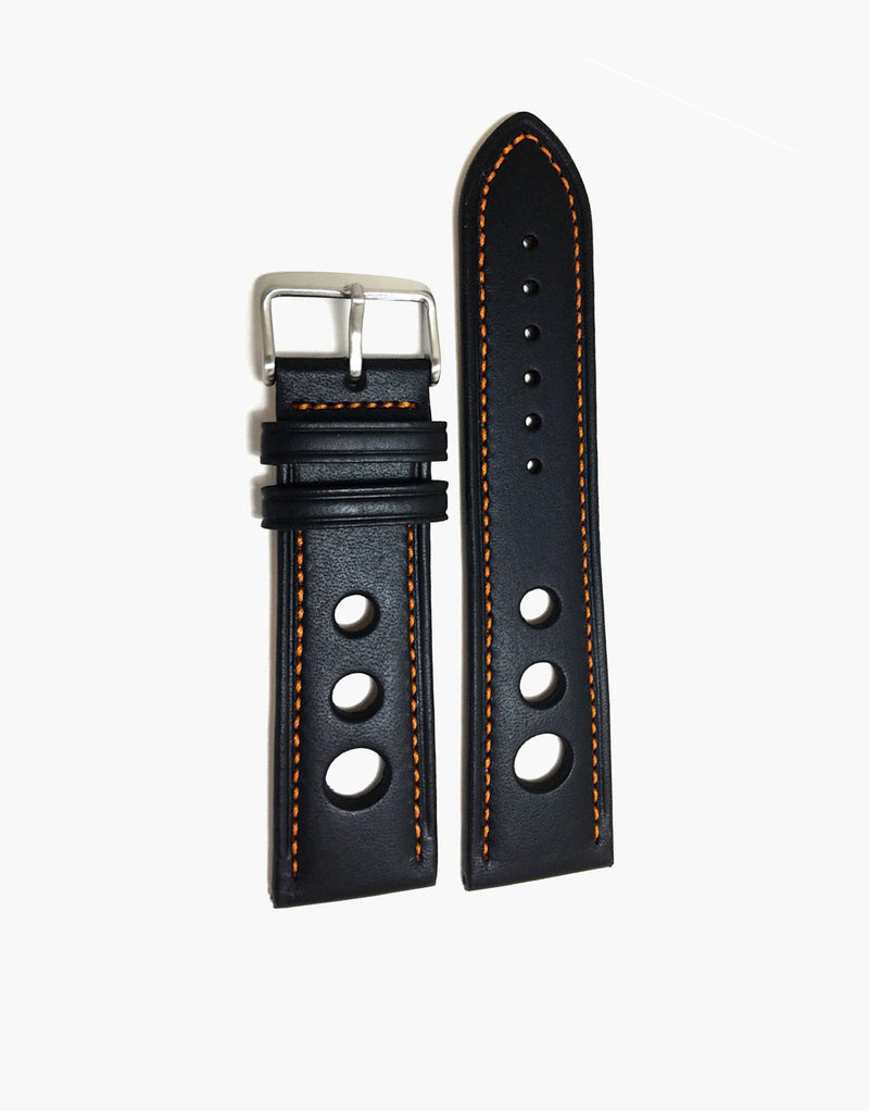 Calf Leather Black Watch Strap with Orange Stitching - LUX Grand Prix Rally LUX