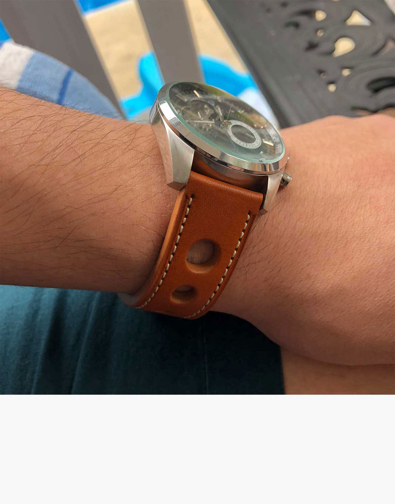 LUX Grand Prix Rally  Vintage Leather Watch Bands Tan with Cream Stitching LUX