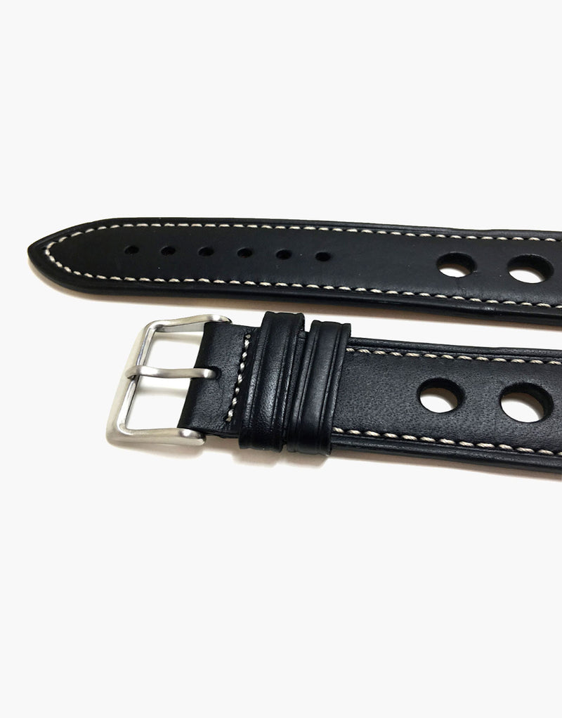 LUX Grand Prix Rally Calf Leather Strap Black with White Stitching LUX