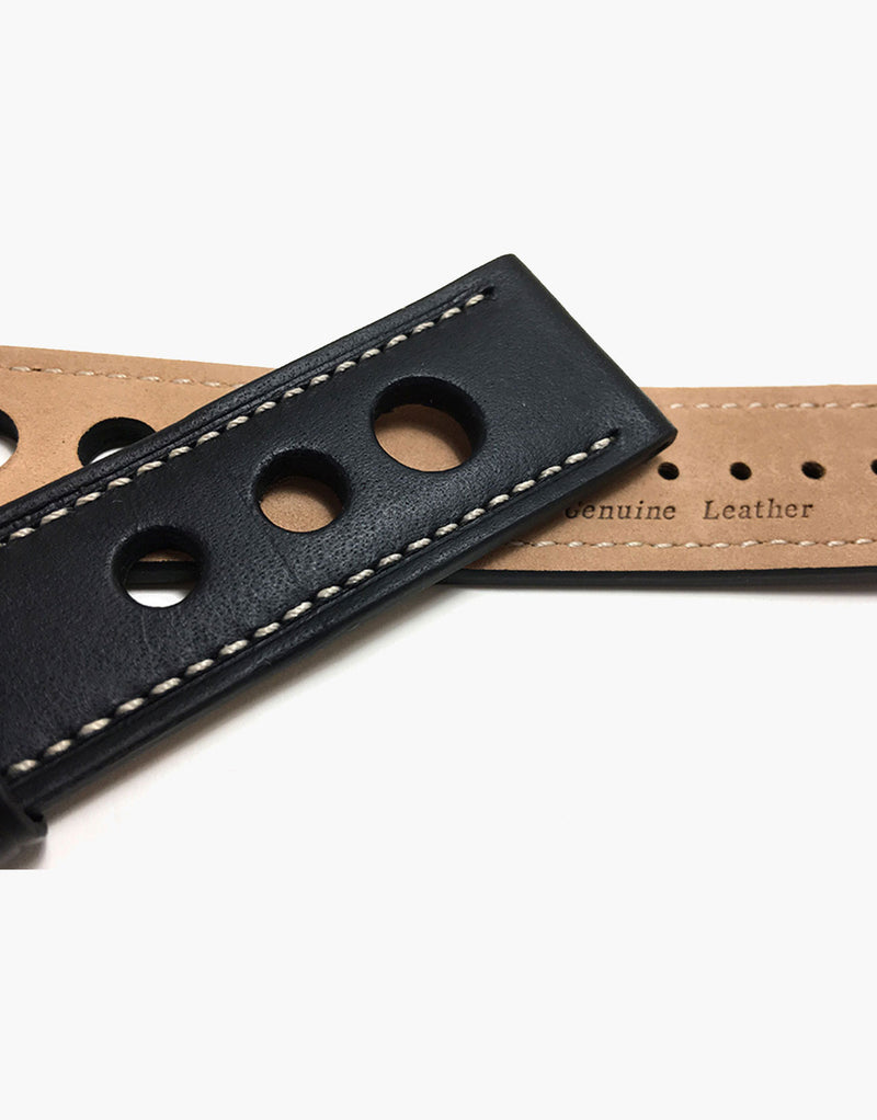 LUX Grand Prix Rally Calf Leather Strap Black with White Stitching LUX