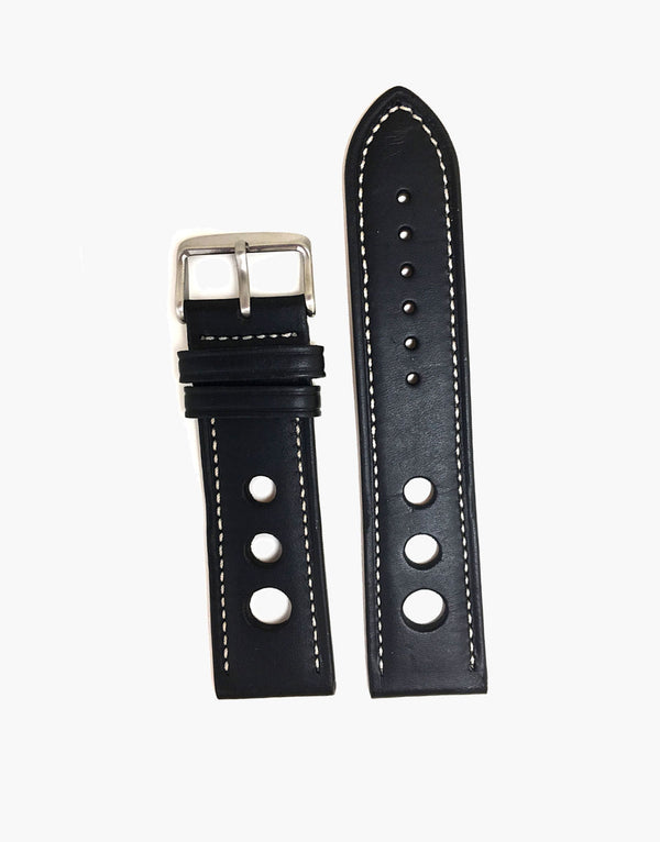 LUX Grand Prix Rally Calf Leather Strap Black with White Stitching LUX