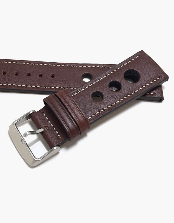 LUX Grand Prix Rally  Calf Leather Strap Brown with White Stitching LUX