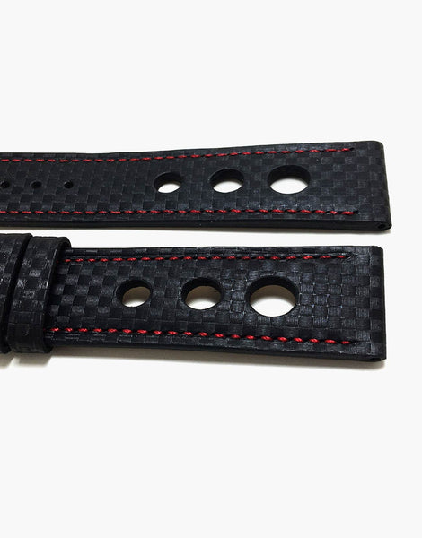 20mm Watch Bands Leather Carbon Fiber Black-Red Stitching Grand Prix ...