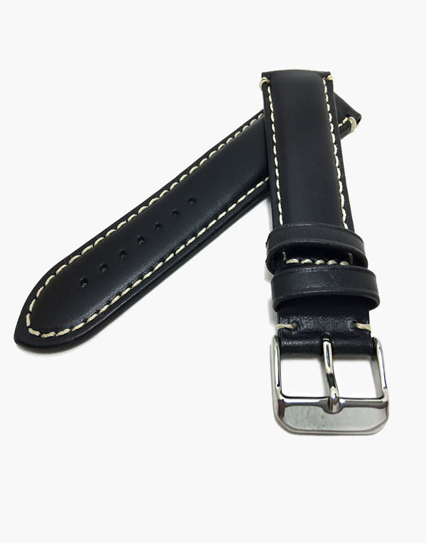 Hadley-Roma MS885 Watch Band Black Oil Tanned Leather White Contrast Stitching Hadley-Roma