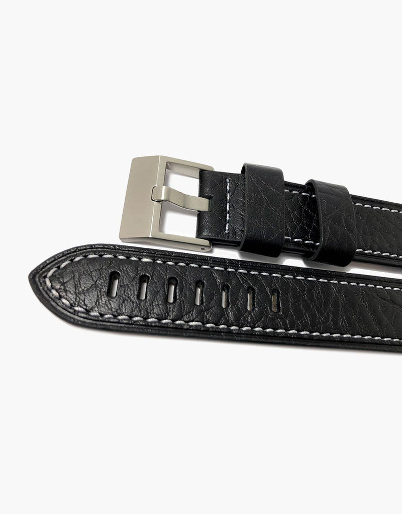 LUX Heavy Flat Buffalo Leather Black with White Stitching Strap LUX