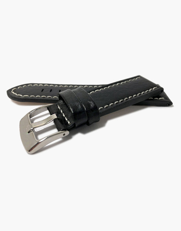 LUX Panerai Style Flat Buffalo Leather Black Watch Band White Stitching LUX