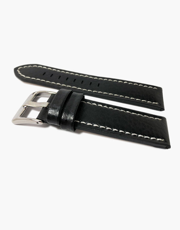 LUX Panerai Style Flat Buffalo Leather Black Watch Band White Stitching LUX