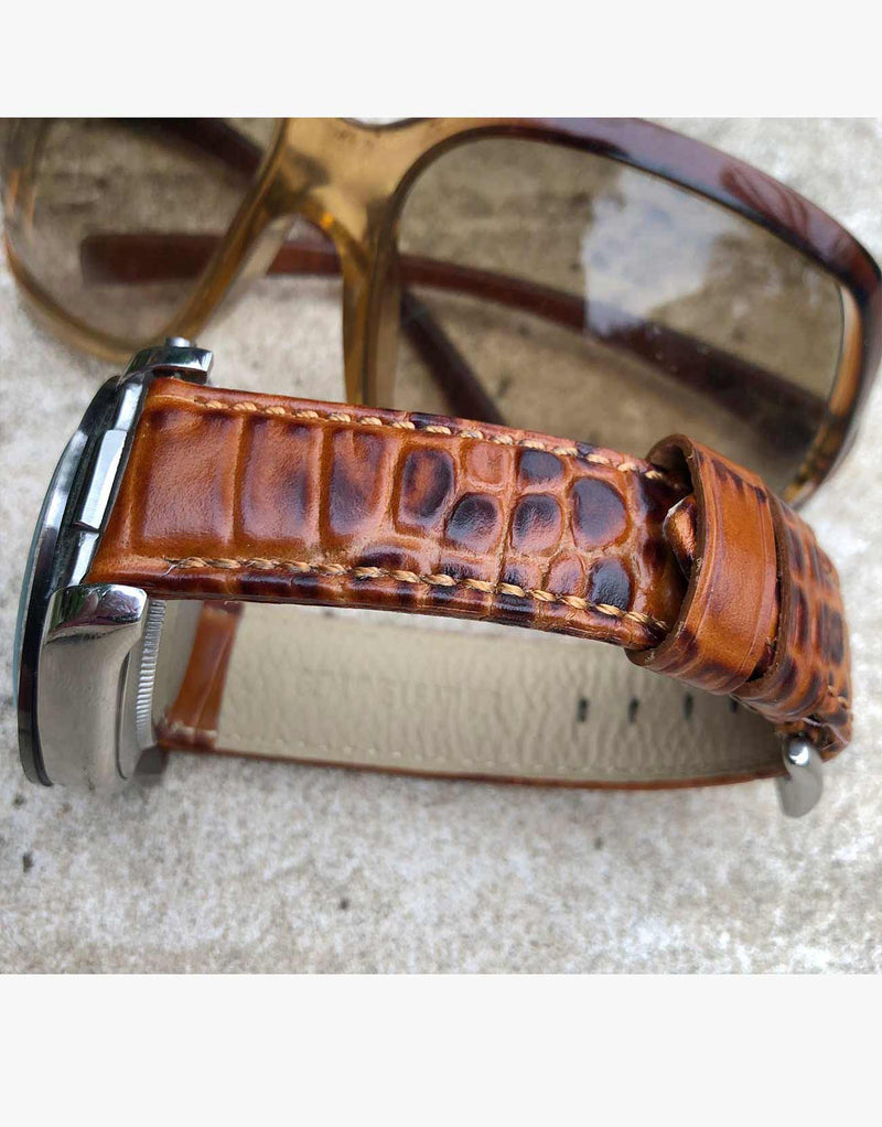 Tan-Brown Crocodile Grain Leather Watch Band Strap LUX